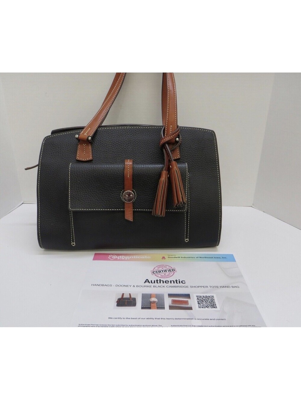 Dooney & Bourke Black Cambridge Satchel Tote Hand Pebbled Leather Bag with COA